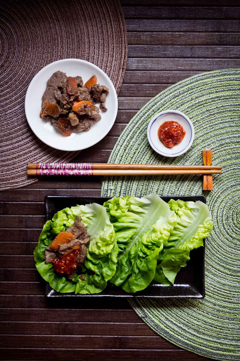 Korean Bulgogi with ssamjang sauce served with fresh lettuce