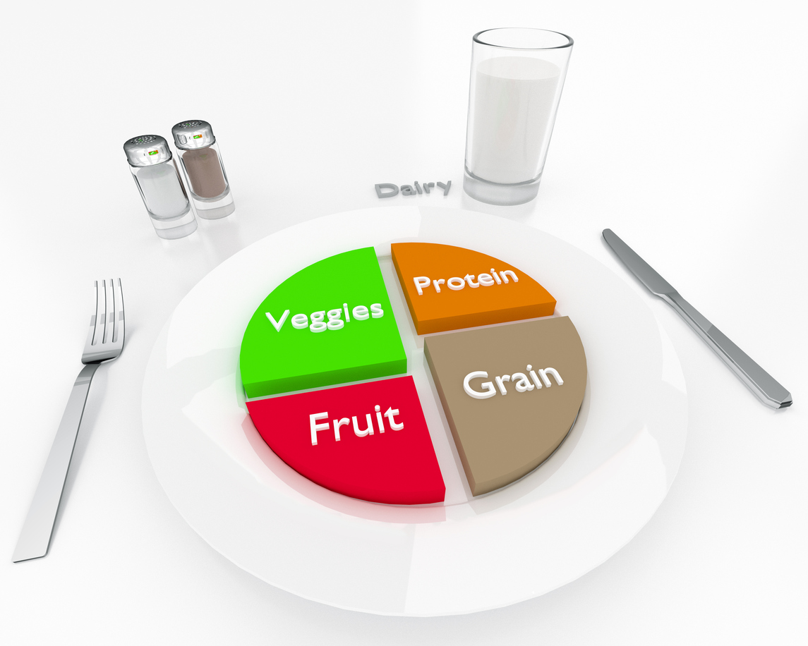A 3-D illustration related to the more contemporary food/nutrition portions as outlined by the USDA in 2011. This "My Plate" style of display replaces the previous "food pyramid" used for many years as a guide to a well balanced diet.
