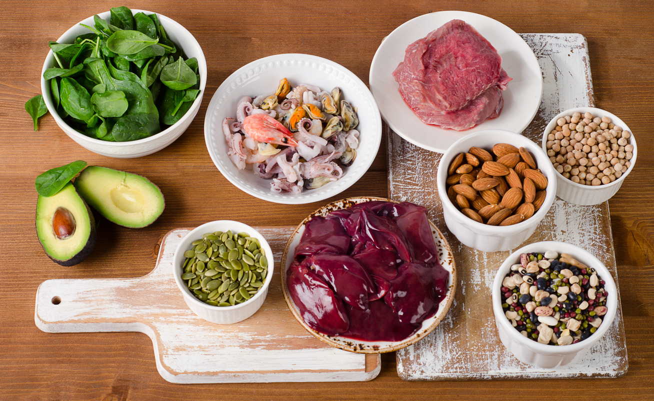 Foods with Zinc on wooden table. Top view