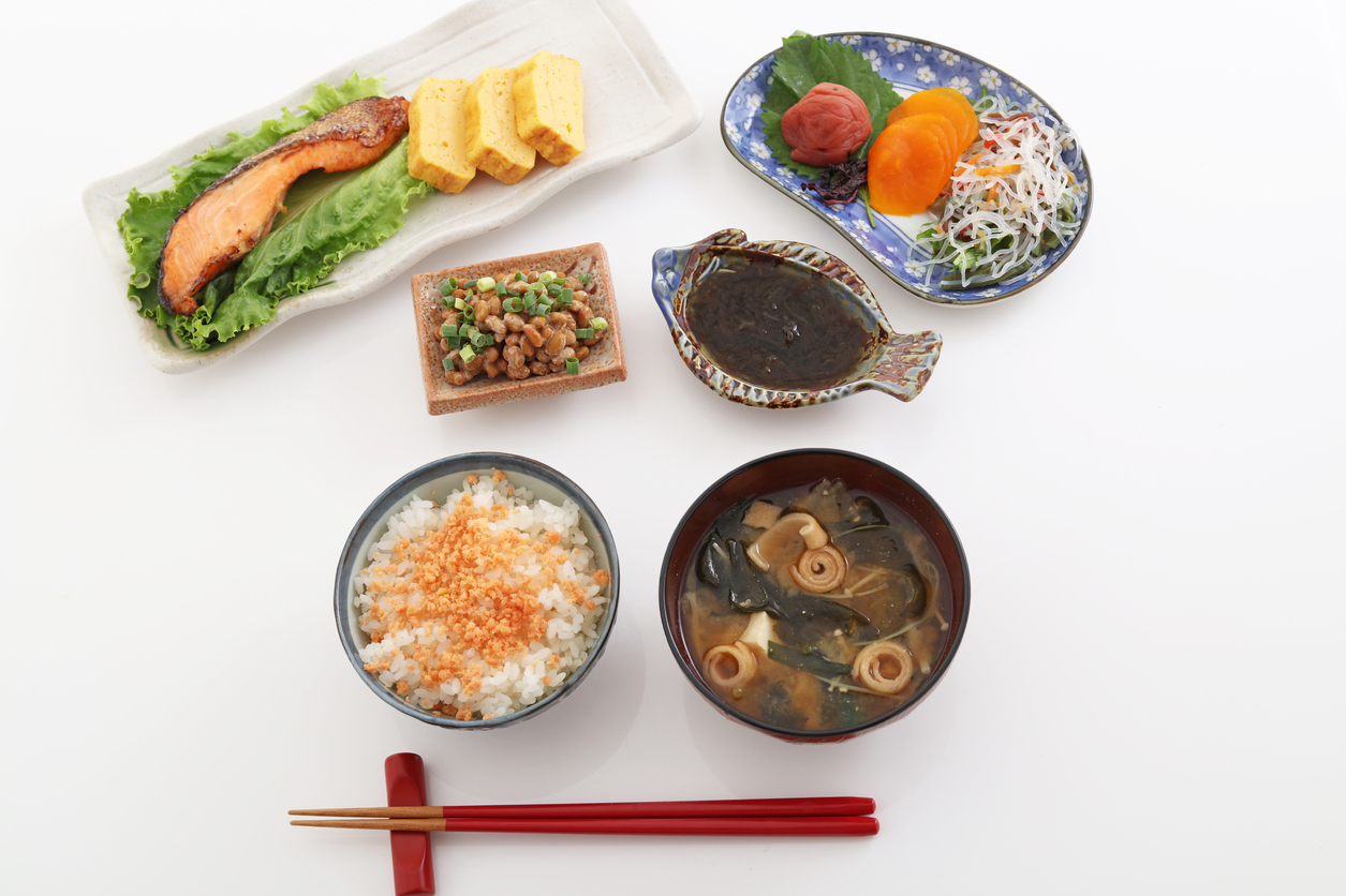 Delicious Japanese foods on white background