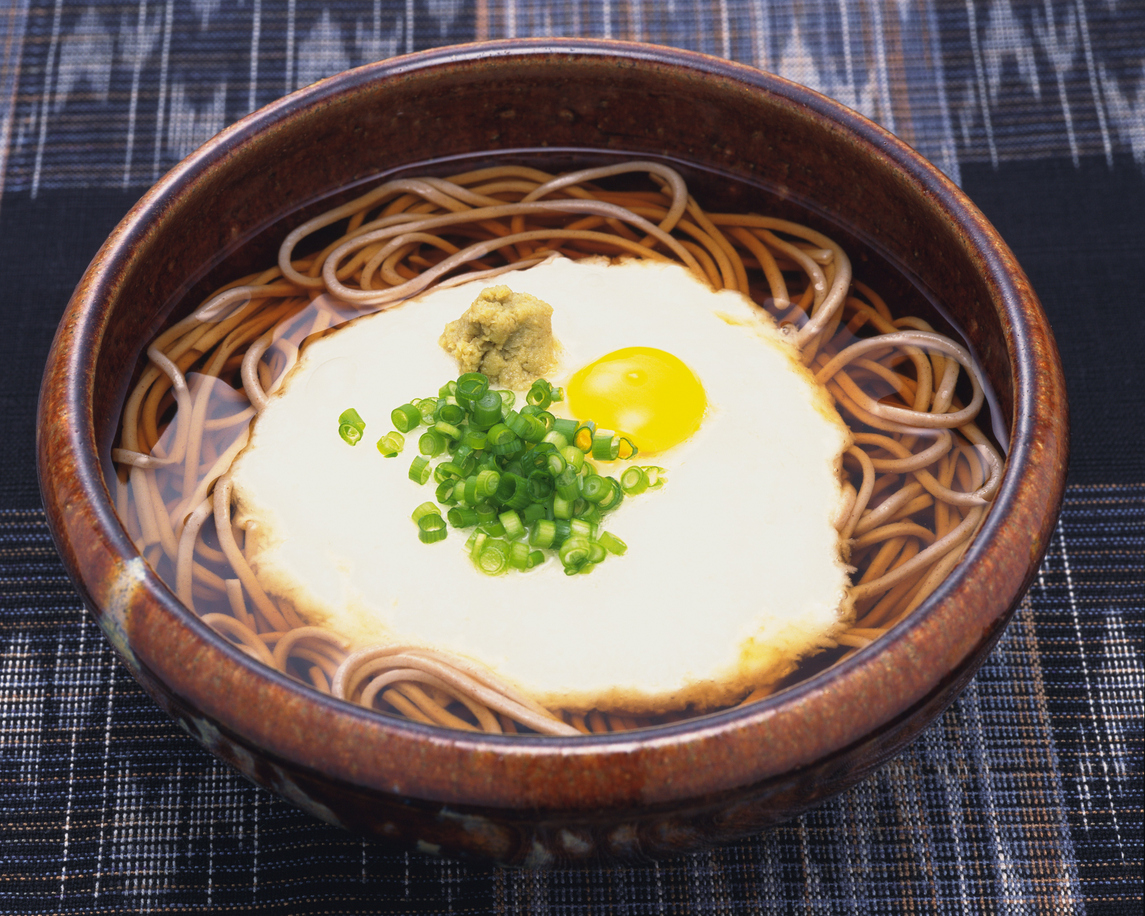 tsukimi tororo soba with grated yam and raw egg yolk