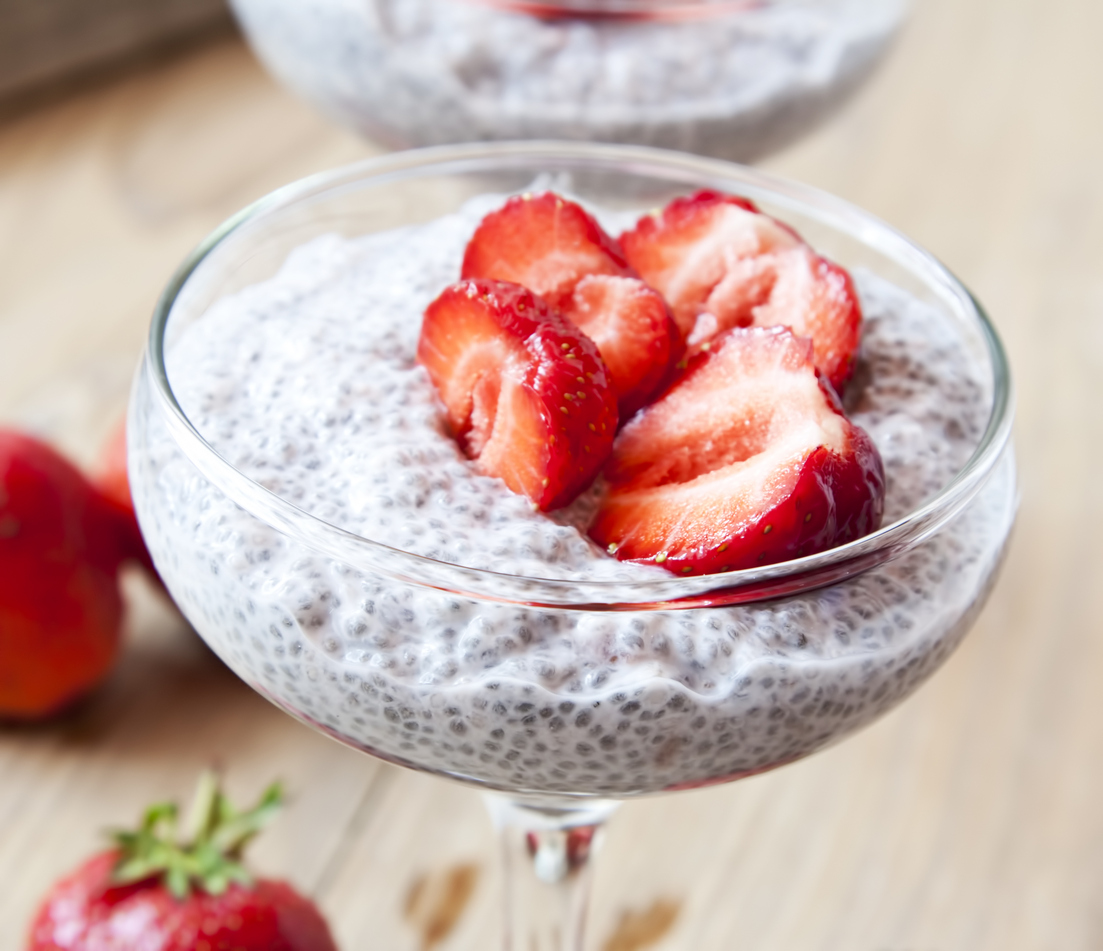 Chia Pudding with Strawberry in Transparent Glasses