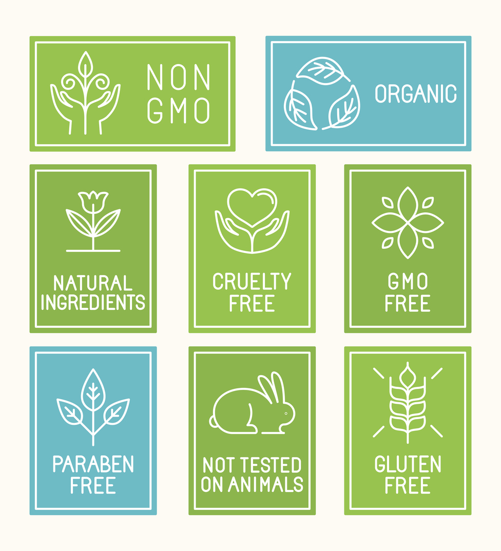 Vector set of design elements, icons and badges in trendy linear style for natural cosmetics packaging and organic products and food - paraben free, non gmo, cruelty free, not tested on animals