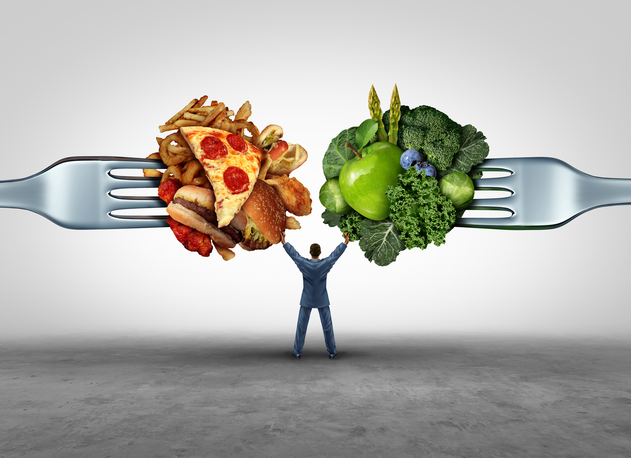 Food health decision and diet choice concept and nutrition options dilemma between healthy good fresh fruit and vegetables or greasy cholesterol rich fast food on a fork with a man in the middle uncertain of what to eat.